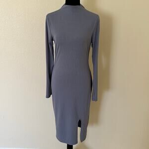 Fashion Nova Women’s Long Sleeves Ribbed High Neck Blue Midi Dress Size L NWT